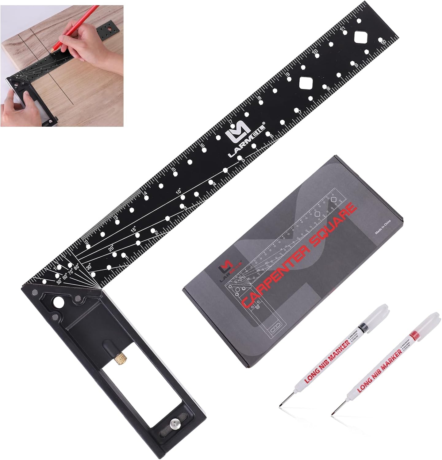 12 Inch Framing Square Carpenter Square, Tri Square Tool, Try Square for Woodworking, T Square Ruler, L Square Ruler, Right Angle Ruler,Framing Tools, Anodized Ruler Body, Black & Black