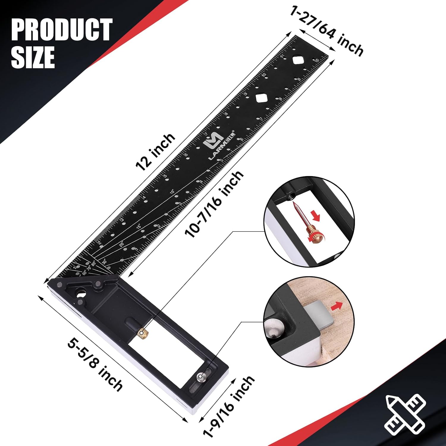 12 Inch Framing Square Carpenter Square, Tri Square Tool, Try Square for Woodworking, T Square Ruler, L Square Ruler, Right Angle Ruler,Framing Tools, Anodized Ruler Body, Black & Black - Image 7