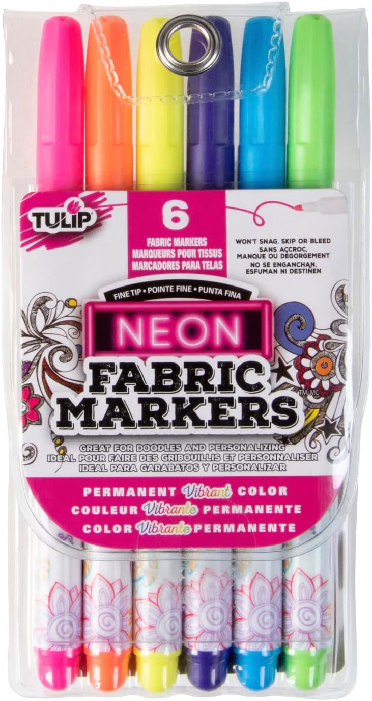 Tulip Permanent Nontoxic Fabric Markers Neon 6 Pack - Large Bullet Tip, Child Safe, Minimal Bleed & Fast Drying - Premium Quality for T-shirts, Clothes, Shoes, Bags & Other Fabric Materials