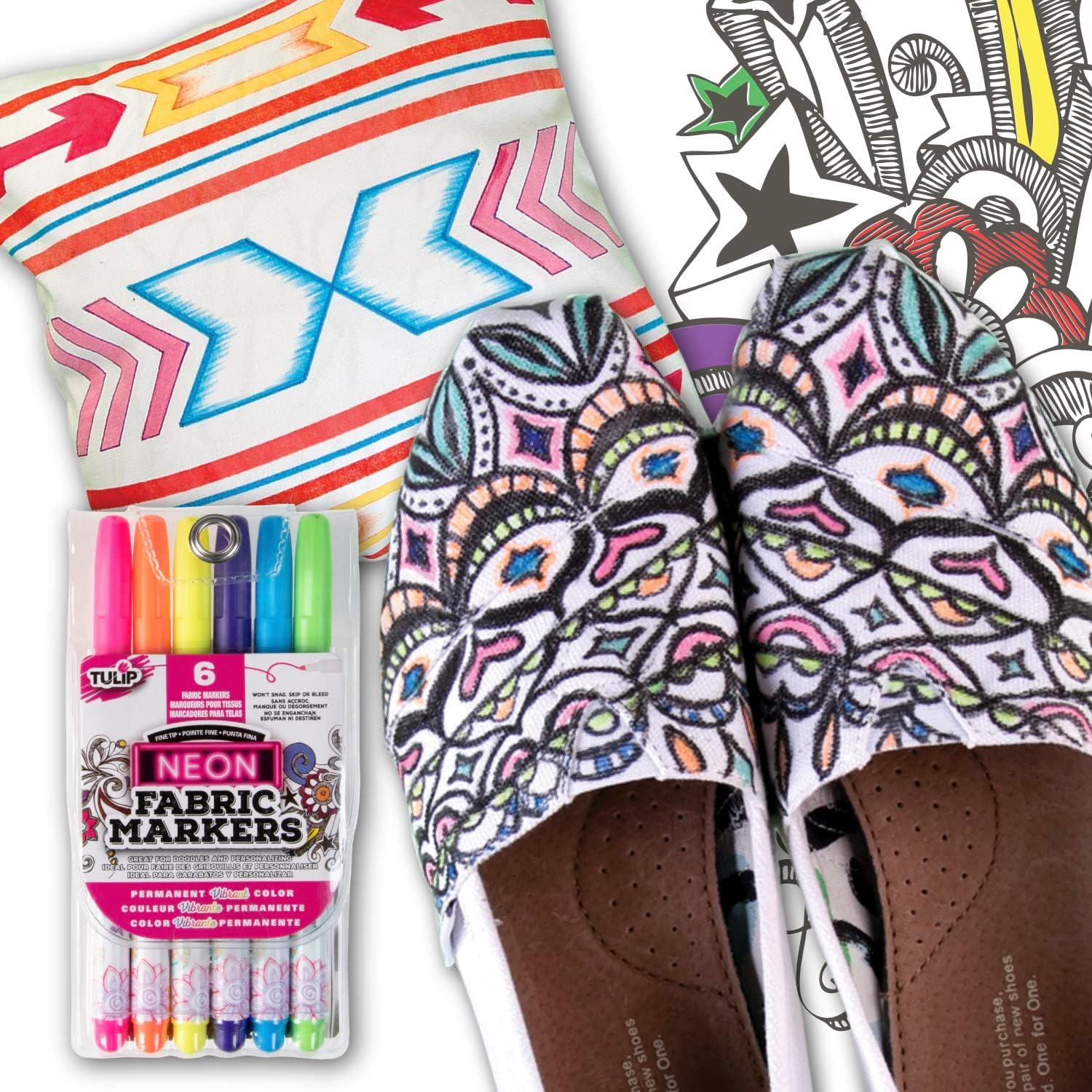 Tulip Permanent Nontoxic Fabric Markers Neon 6 Pack - Large Bullet Tip, Child Safe, Minimal Bleed & Fast Drying - Premium Quality for T-shirts, Clothes, Shoes, Bags & Other Fabric Materials - Image 7